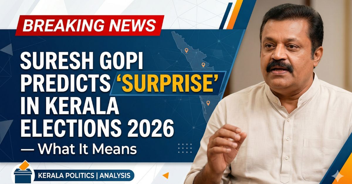 Design a professional featured image for a blog article on my trending news website. Suresh Gopi Predicts