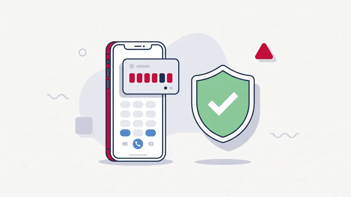 Illustration of a smartphone dialer showing an IMEI code next to a green verified shield